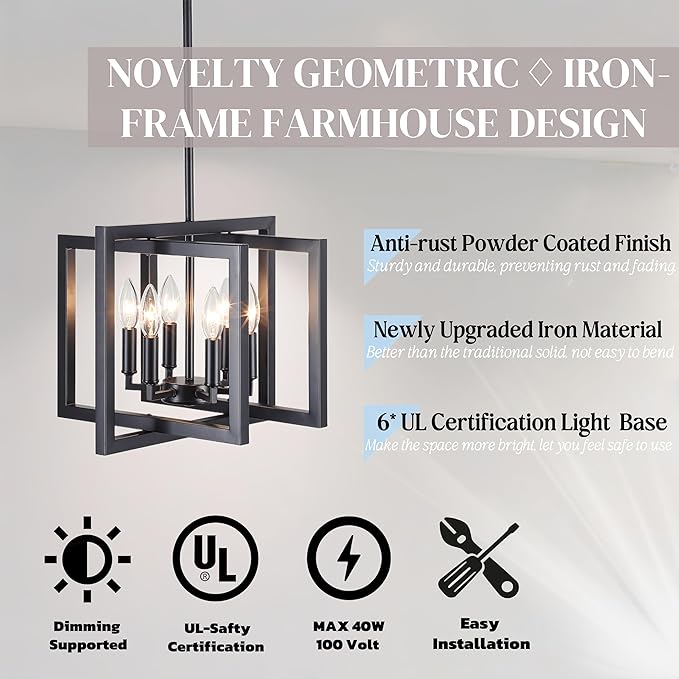 ANKYLHUA Black Chandelier,6-Lights Ceiling Light Fixture E12,Adjustable Hight Pendant Lights Kitchen Island,Chandeliers for Dining Room Bedroom,Entryway,Foyer