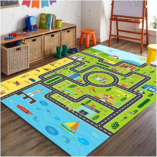 Kids Rug Playroom Car Rug Play Mat City Life Road Rugs Fun City Map for Kids Toy Cars Carpet for Bedroom Boys (Green-Rug, 5.2x7.9ft)