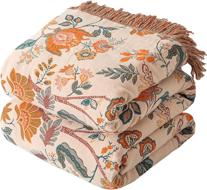 Boho Throw Blanket for Couch Sofa Bed, 100% Cotton Woven Quilt with Tassel 80”x90”, Super Soft Muslin Blanket with Floral Printed, Decorative Reversible Bed Blanket/Cover for All Seasons