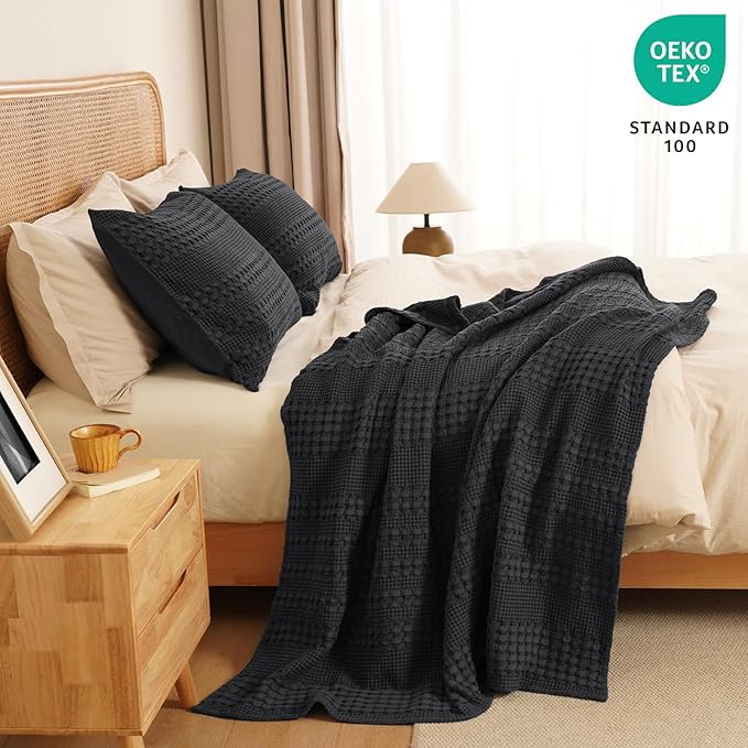 PHF 100% Cotton Waffle Weave Throw Blanket, Soft Lightweight Breathable Cozy Summer Throws for Couch Bed Sofa, Luxury Aesthetic Woven Blanket for Home Decor & Office, 50"x60", Black