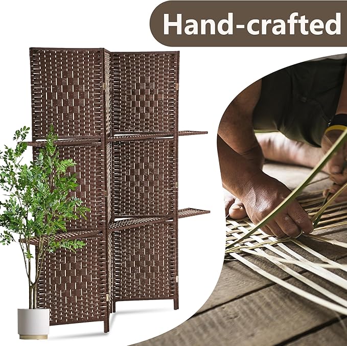 PayLessHere Room Divider 4 Panel Room Screen Divider Wooden Screen Folding Portable Partition Screen Wood with Removable Storage Shelves Color, Brown