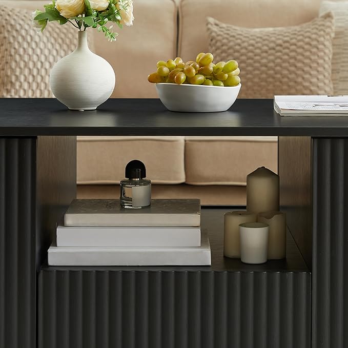 46.5" Oval Coffee Table with Drawers and Storage Mid Century Modern Fluted Solid Wood Side Coffee Tables, Luxury Tea Table Center Table for Living Rooms Offices Apartmen, Black