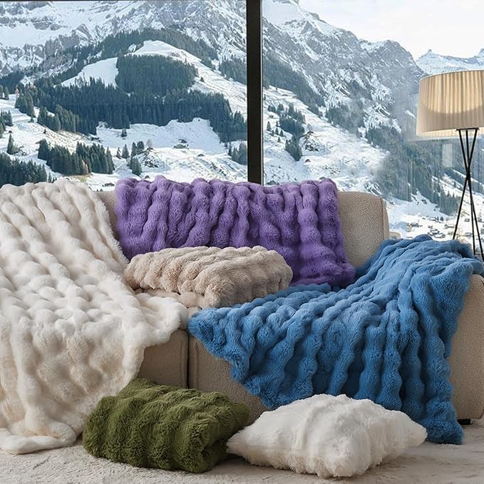 Lotus Karen Faux Fur Throw Blanket Dark Green - 800 GSM Bubble Rabbit Fluff Blanket for Couch Bed Sofa,Softest Fluffy Fuzzy Cozy Blanket,Thick Furry Plush Shaggy Warm Blankets for Women,90x90 Inches