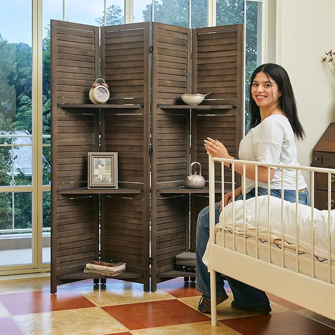 Partition Room Dividers, 67 * 51inch Folding Wood Privacy Screen with Three Display Shelves Suitable for Home Office, Study, Art Display - 4 Panel (Brown)