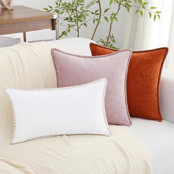 decorUhome Chenille Soft Throw Pillow Covers 18x18 Set of 2, Farmhouse Velvet Neutral Decorative Euro Pillow Covers with Stitched Edge for Couch Sofa Bed Home Decor, White