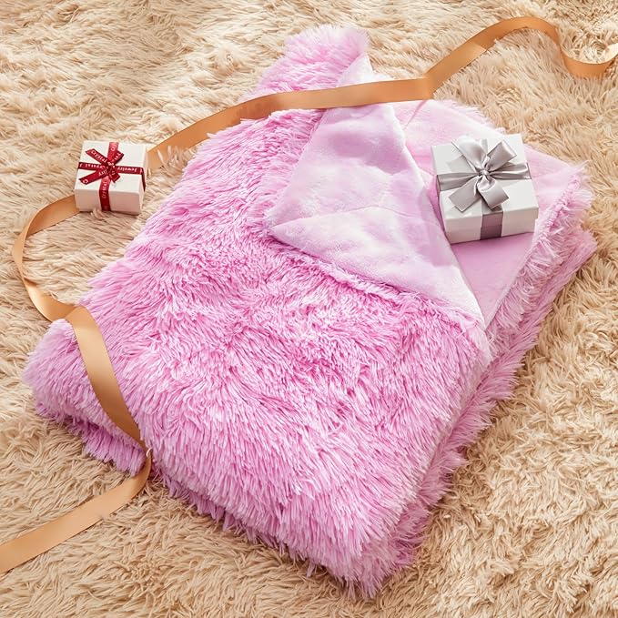 GONAAP Fuzzy Faux Fur Throw Blanket Queen Size Light Pink Super Soft Cozy Plush Fuzzy Shaggy Blanket for Couch Sofa Bed (Light Pink, Queen(90"x90"))