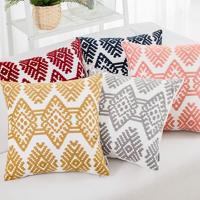 HWY 50 Orange Decorative Throw Pillow Covers 18x18 Inch, Pack of 2 Embroidered Cotton Farmhouse Cushion Cover Pillow Case for Sofa Couch Living Room Bed Bedroon, Modern Diamond Geometric