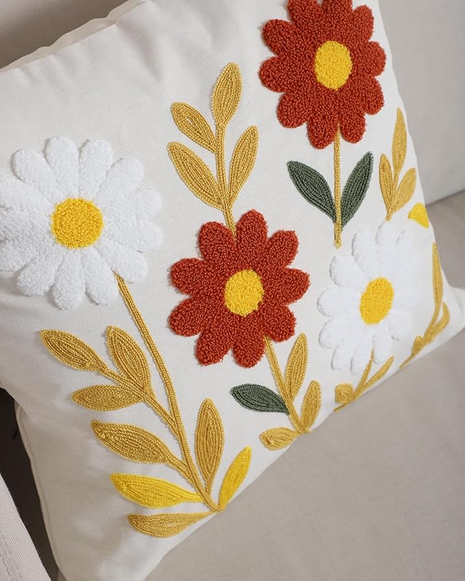 Throw Pillow Cover with Sunflower Embroidery – 18x18 inch Handmade Punch Needle Cushion – 100% Cotton Decorative Pillow for Couch, Bed or Living Room – Boho Floral Home Decor
