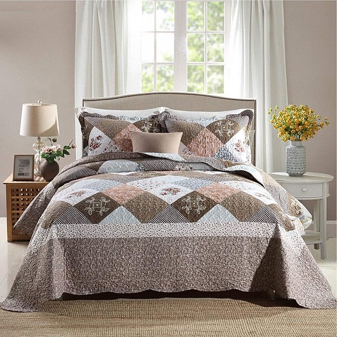 NEWLAKE Quilt Bedspread Sets-Checkered Floral Reversible Coverlet Set,King Size