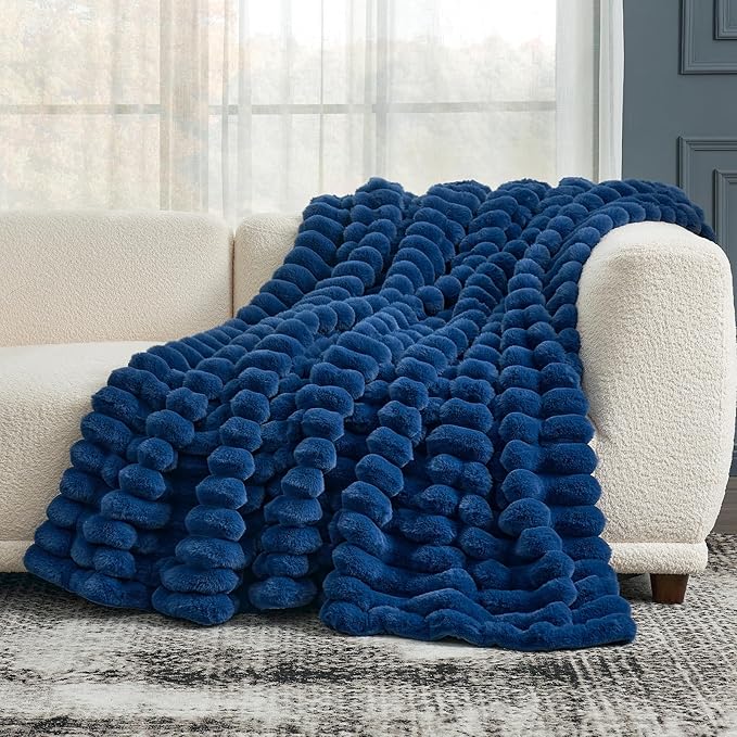Cozy Bliss Faux Fur Throw Blanket for Couch, Cozy Warm Plush Striped Blanket for Sofa Bedroom Living Room,50 * 60 Inches Navy Blue
