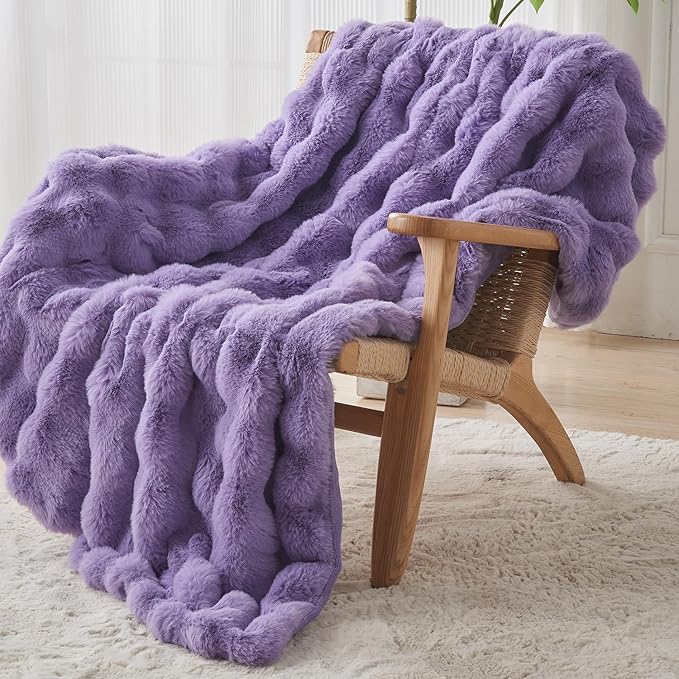 Lotus Karen Faux Fur Throw Blanket Purple - Big Bubble Rabbit Fluff Blanket for Couch Bed Sofa,Softest Fluffy Fuzzy Cozy Blanket,Thick Furry Plush Shaggy Warm Blankets for Women,50x60 Inches
