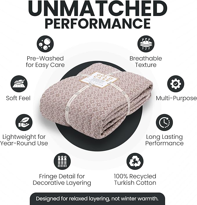 Gold Case Throw Blanket for Bed – 100% Recycled Turkish Cotton Bed Blanket – Decorative Throw Cotton Blankets for Living Room & Bedroom – Woven Twin Blankets - 71x90 - Beige