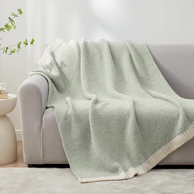 Snuggle Sac Heather Sage Green Throw Blanket for Couch, Reversible Super Soft Knitted Blankets Warm Cozy Fuzzy Throws for Sofa, Bed, Camping, Sage Green, 50x60 inches