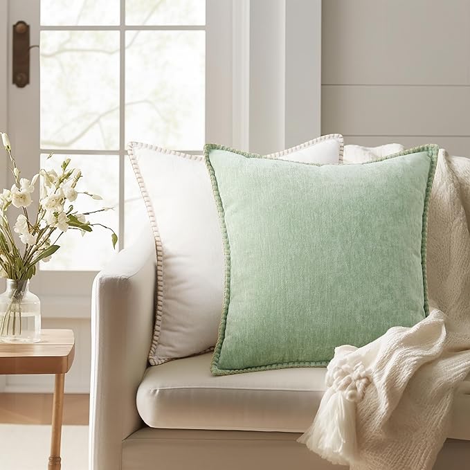 decorUhome Chenille Soft Throw Pillow Covers 20x20 Set of 2, Farmhouse Velvet Neutral Decorative Euro Pillow Covers with Stitched Edge for Couch Sofa Bed Home Decor, Sage Green