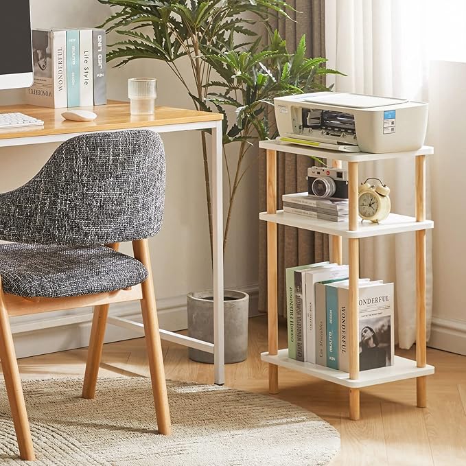 IBUYKE 3-Tier Side Table, Solid Wood Tall End Table with Storage Shelves, Nightstand Bedside Table for Living Room Bedroom Office, No-Tool Assembly, White UWST003W