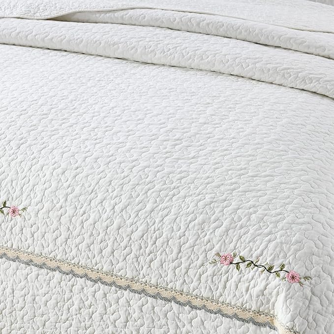 MarCielo 3-Piece 100% Cotton Oversized Bedspread Lightweight Quilt Coverlet Embroidery Farmhouse Bedding Set (Sakura White, Oversized King (118"x106"))
