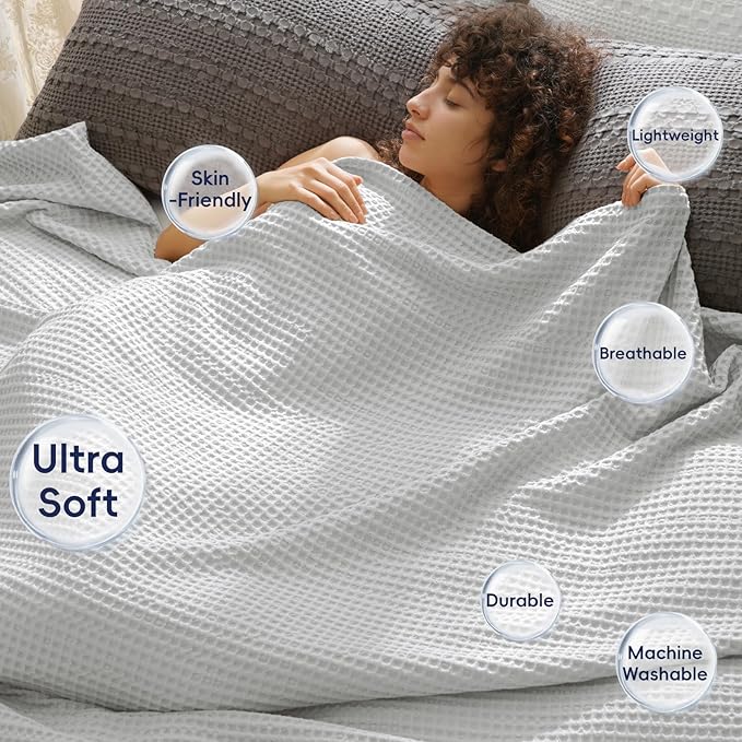 PHF Ultra Soft Waffle Weave Blanket Queen Size 90"x 90"- Washed Lightweight Breathable Cozy Woven Blanket for Bed - Aesthetic Decor for Couch Bedding Sofa Home Car - Light Grey
