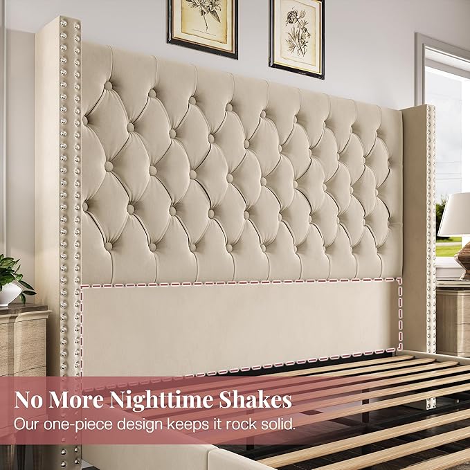 PaPaJet Queen Size Bed Frame with 61.4" Tall Headboard, Velvet Modern Upholstered Tufted Bed for Adults, Handmade Deep Button Tufting, Solid Wood Legs, No Box Spring Required, Cream