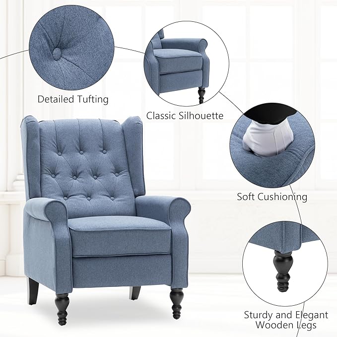 Mid Century Wingback Recliner Chair for Adults, Modern Linen Fabric Push Back Recliner Chairs with Button Tufted Upholstered Back & Footrest, Manual Recliner Chais for Living Room, Nursery, Blue