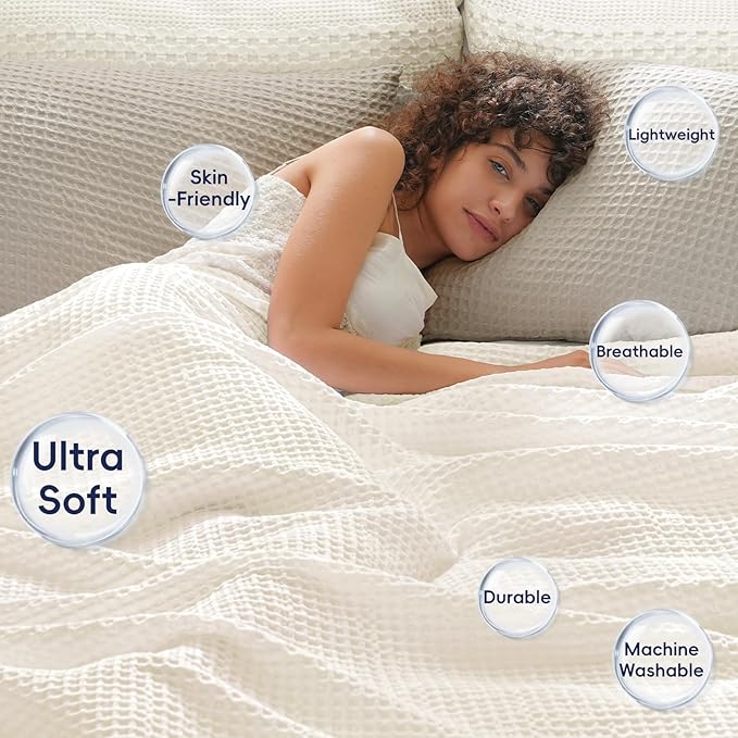 PHF Ultra Soft Waffle Weave Blanket Twin Size 66"x 90"- Washed Lightweight Breathable Cozy Woven Blanket for Bed - Aesthetic Decor for Couch Bedding Sofa Home Car - Coconut White