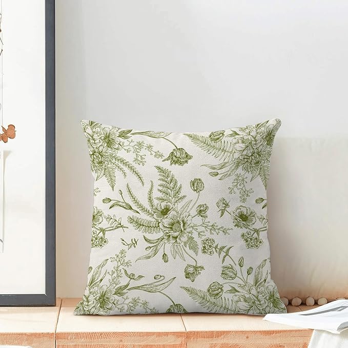 CXMEIFLY Sage Green Spring Pillow Covers 16 x 16 Inch Set of 2 for Chinoiserie Flowers Decor Throw Pillows Floral Leaves Seasonal Plant Outdoor Decorative Cushion Cases for Couch Bed Decorations