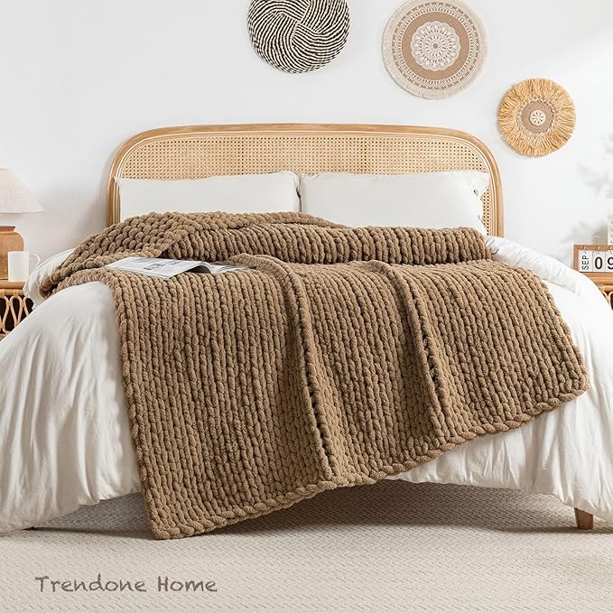 Chunky Knit Blanket Throw, 100% Hand Knit Throw Blanket Handmade Chenille Cable Knit Throw for Couch, Stylish Cozy Soft Rope Knot Crochet Blanket for Home Decor, Camel, 50x60 Inches
