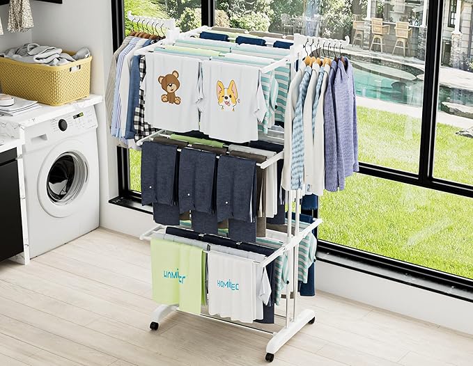 HOMIDEC Clothes Drying Rack, Large 4-Tier Foldable Drying Rack Clothing(67.7H x 19.7W x 30L Inches), Movable Drying Rack with 4 castors. Multifunctional Stainless Steel Laundry Drying Rack, White