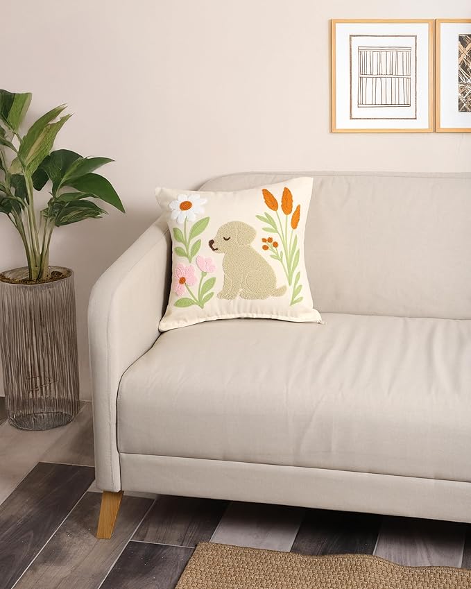 katre home madame & textile Embroidered Dog Pillow Cover – 18x18 inch Handmade Punch Needle Cushion – Boho Cotton Throw Pillow for Couch, Bed, or Gift for Dog Lovers