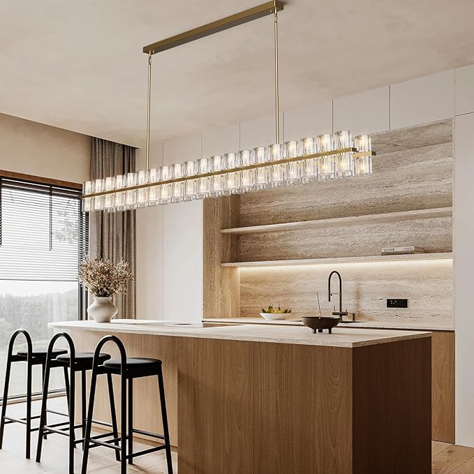 Crystal Brass Rectangular Chandelier Light Fixture,72 in Dining Room Chandeliers Over Table,Modern Chandelier For Living Room,Arcachon Chandeliers,Kitchen Island Chandelier,Includes 80xG4 Bulbs