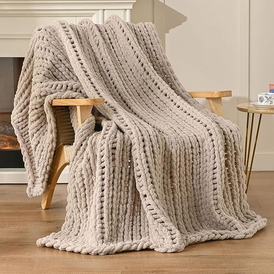 Esterra Chunky Knit Blanket Throw 50"x60", 100% Hand Knitted Chenille Throw Blanket, Cozy Soft Thick Cable Knit Throw Large Rope Knot Crochet Throw Blanket for Sofa Couch Bed, Linen Beige