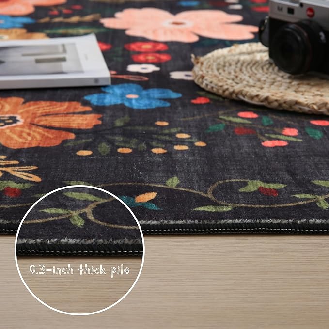 Living Room Rug 5x7 Rug Machine Washable Boho Area Rug Non Slip Floral Vintage Low Pile Large Rugs for Living Room, Bedroom, Farmhouse, Dining Room, Kids Playroom(Black)