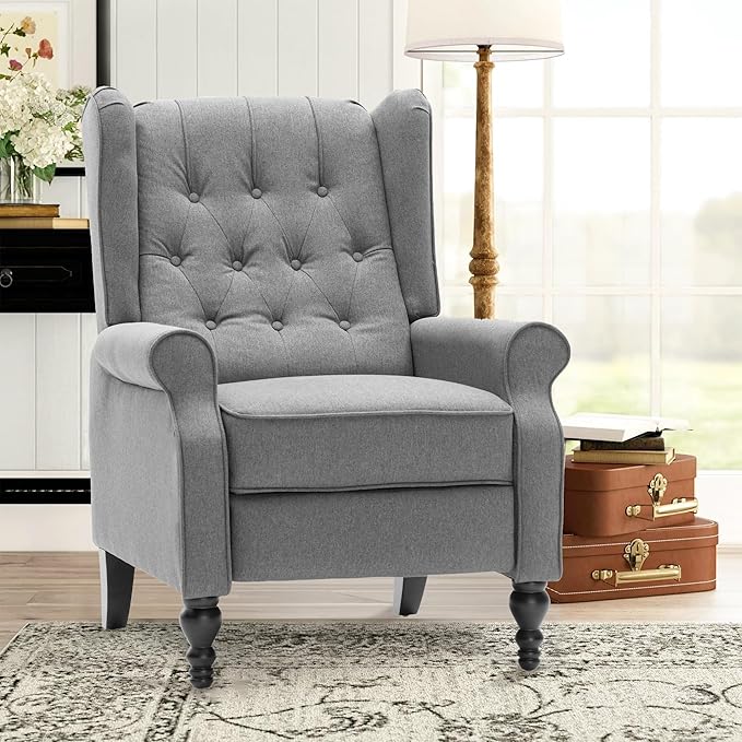 Mid Century Wingback Recliner Chair for Adults, Modern Linen Fabric Push Back Recliner Chairs with Button Tufted Upholstered Back & Footrest, Manual Recliner Chais for Living Room, Nursery, Gray