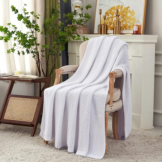 Chunky Cable Knit Throw Blanket Lightweight White 100% Organic Cotton Blanket for Sofa Couch Bed Baby Nursery, Rustic Shabby Chic Modern Farmhouse, Pure White 51” x 63” Give Laundering Bag