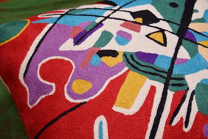 Kandinsky Modern Couch Pillow Cover - Red Painting | Abstract Toss Pillow | Modern Chair Cushion| Contemporary Pillow | Mid Century Chair Cushion | Hand Embroidered Pillow | Wool Size 18x18