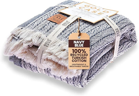 Gold Case Throw Blanket for Couch – 100% Recycled Turkish Cotton Blankets & Throws – Elegant Decorative Throw Blankets for Living Room Sofa – Woven Throws for Couch – Vintage Navy Blue – 50x60
