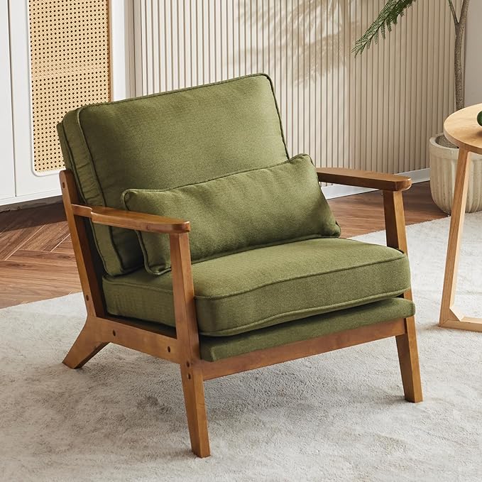 Karl home Accent Chair Wide Armrest Mid-Century Lounge Chair Linen Fabric Armchair with Lumbar Pillow & Solid Wood Frame for Living Room, Bedroom, Balcony, Green