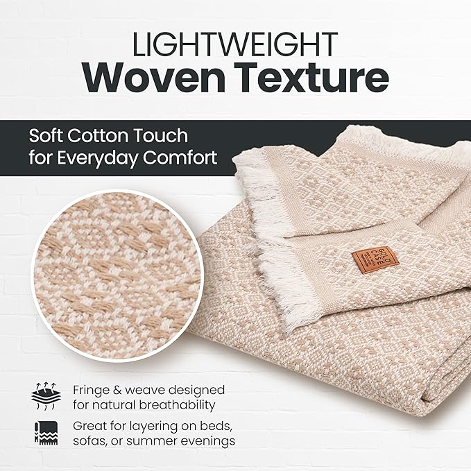 Gold Case Throw Blanket for Couch – 100% Recycled Turkish Cotton Blankets & Throws – Elegant Decorative Throw Blankets for Living Room Sofa – Woven Throws for Couch – Retro Beige – 50x60