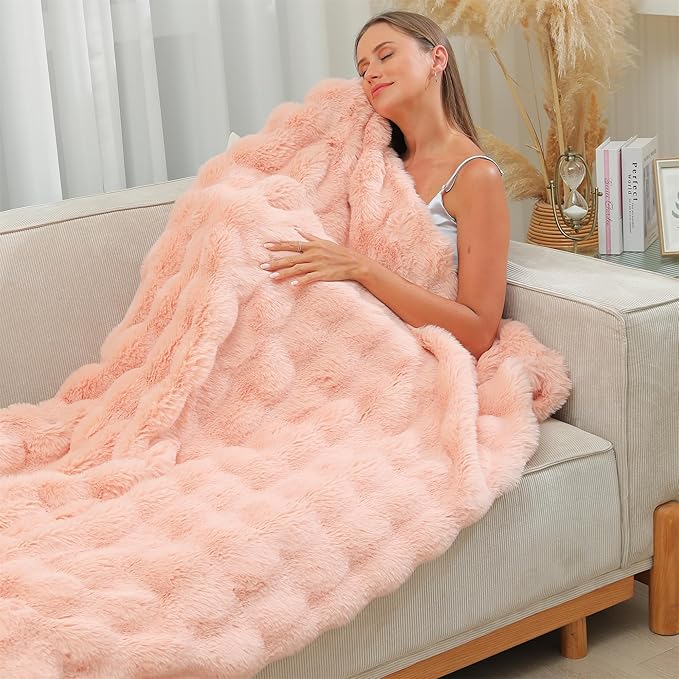 RYNGHIPY Faux Fur Bed Blankets Fluffy Warm Throw Blanket for Sofa Couch Soft Plush Decorative Blanket Thick and Heavy Cute Bubble Furry Blanket (Blush, 51''x63'')