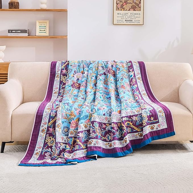 Fall Blanket for Bed, 100% Cotton Soft Rustic Boho Throw Blanket Quilt, 90"x98" Farmhouse Decor Bed Flower Blankets, Light Weight Reversible Bohemian Throw Quilt