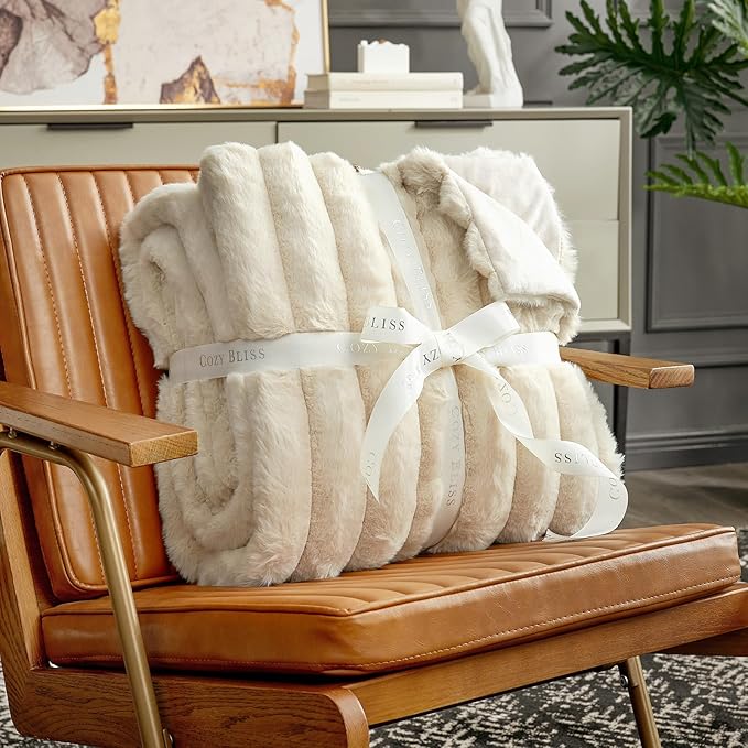 Cozy Bliss Faux Fur Throw Blanket for Couch, Cozy Warm Plush Striped Blanket for Sofa Bedroom Living Room,60 * 80 Inches Beige