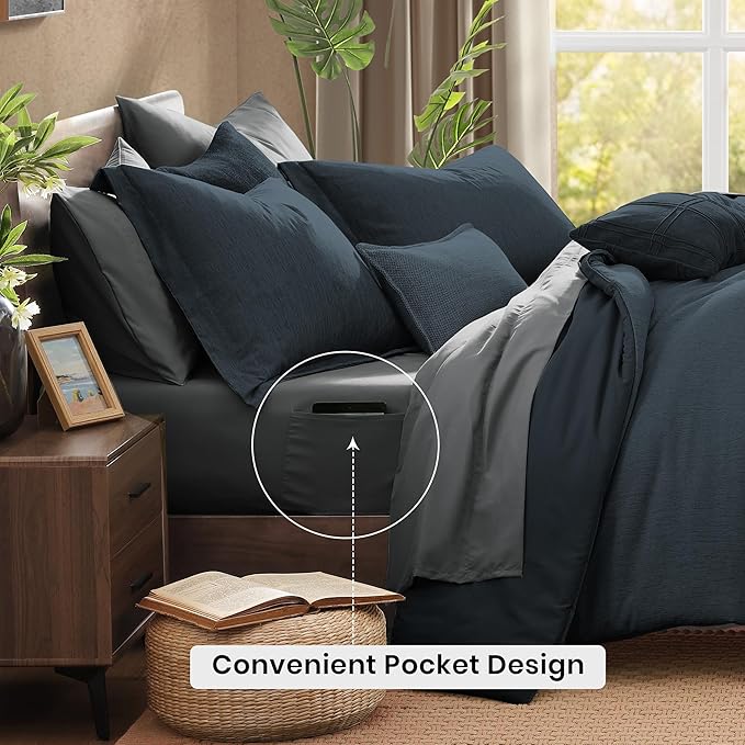 Monbix Queen Comforter Set - 7 Pieces Cationic Dyeing Navy Blue Bed in a Bag Queen Bedding Sets with Comforter, Sheets, Pillowcases & Shams, Reversible Bedding Comforters Sets