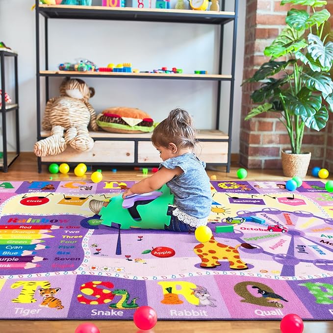 Kids Rugs for Playroom Bedroom Classroom Nursery, Non-Slip and Washable Rugs for Children Toddlers Girls, Educational and Fun Rug Carpets with ABC Alphabet Animals Shapes, 5x7, Purple