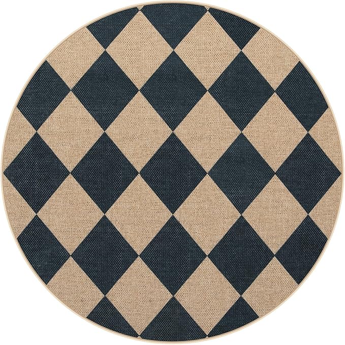 Lahome Checkered Round Rug 3ft, Circle Indoor Outdoor Entryway Patio Rug Washable Easy Jute Rug, Farmhouse Non Slip Small Round Rugs for Bedroom Porch Living Room Decor