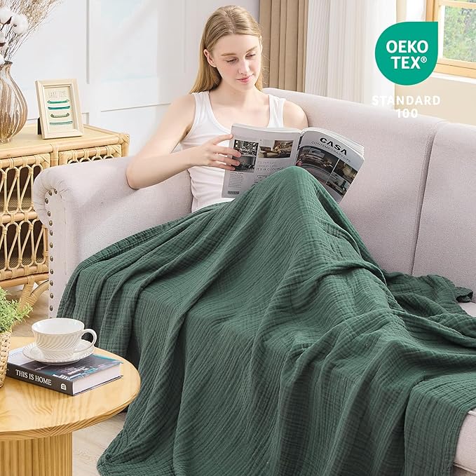 EMME Cotton Muslin Twin Blanket Breathable Gauze Blanket Soft Lightweight Blankets Adults Gifts for Women (Forest Green, 60"x80")