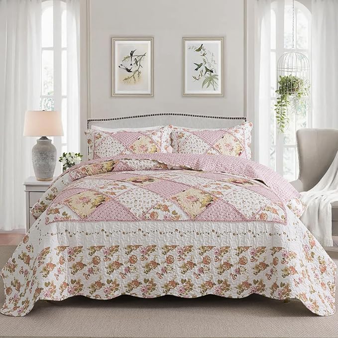 NEWLAKE Quilt Set Queen Size, Bedspread Sets Pink Botanical Floral, Reversible Quilt Bedding Set Lightweight and Breathable for All Seasons, Soft Quilted Bedspread with 2 Pillow Shams