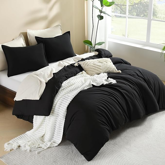 Litanika Black Comforter Full Size, 3 Pieces Boho Lightweight Solid Bedding Comforter Set, All Season Fluffy Bed Set (79x90In Comforter & 2 Pillowcases)