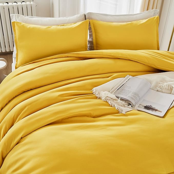 Litanika Mustard Yellow Comforter Set Queen Size, 3 Pieces Lightweight Solid Bedding Comforter Set, All Season Fluffy Bed Set (90x90In Comforter & 2 Pillowcases)