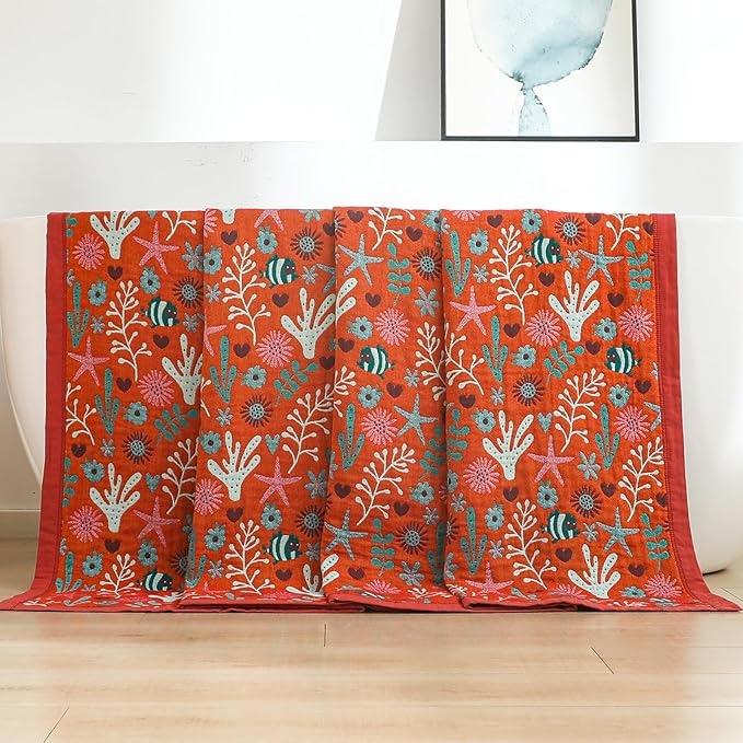 Boho Throw Blanket 90''x98'',100% Cotton Blankets for Couch Bed,Cotton Quilt Travel Muslin Blankets Farmhouse Home Decor Soft Lightweight Picnic Blanket