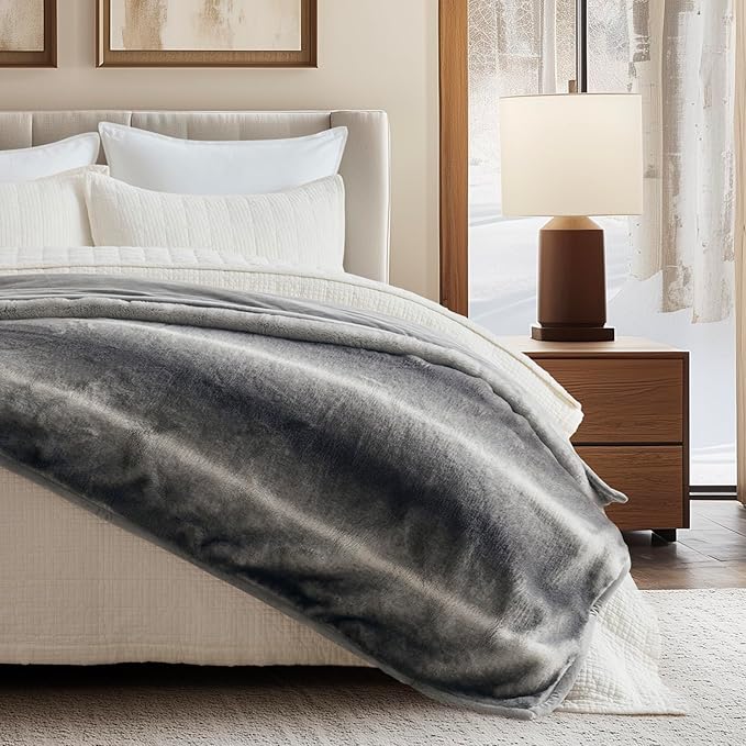 Ultra Soft Luxury Fluffy Mink Faux Fur Throw Blanket, Thick Warm Fall Winter Blankets for Bed, Couch, Cozy Plush Reversible Blanket for Chair, Sofa (Ombré Silver Onyx, 60"x80")