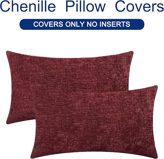 CaliTime Throw Pillow Covers Decorative 16 X 26 Inches Pack of 2 Cozy Chenille Cushion Cases for Couch Sofa Bed Living Room Home Burgundy